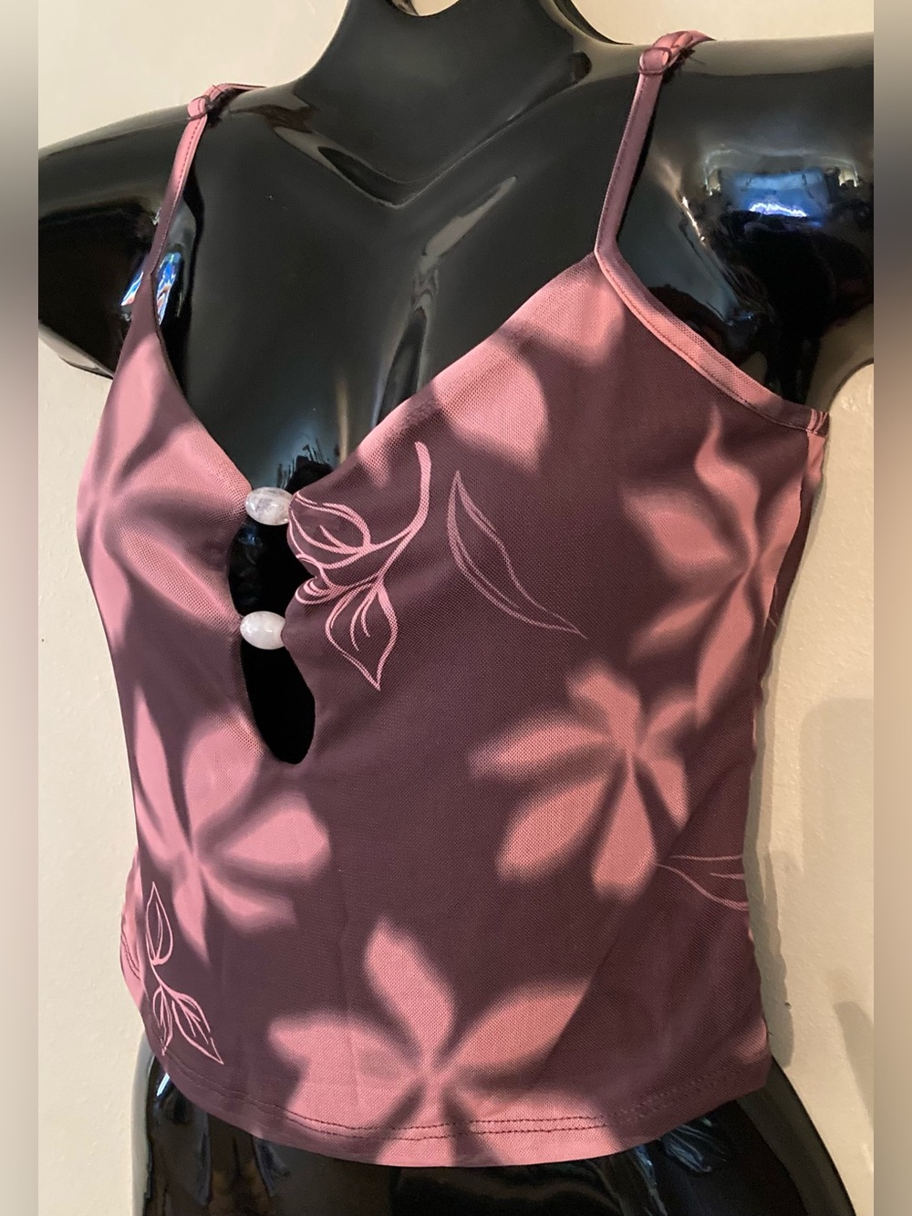Pink Floral Lined Mesh Adjustable Spaghetti Strap Top